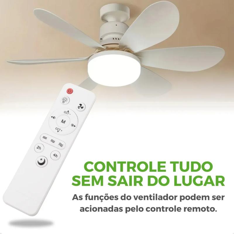 Ventilador LED instalado no teto e controle remoto em destaque